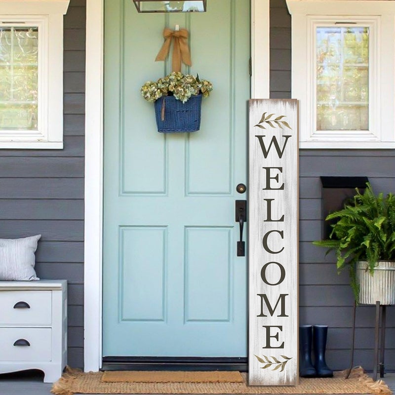 Seimip Spring Welcome Sign for Porch 47" Retro White Wooden Door Sign for Outdoor Decoration Rustic Cabin Large Porch Signs For Patio Farmhouse Vertical Signs for Seasons Standing Yard Signs for Garden - Image 1